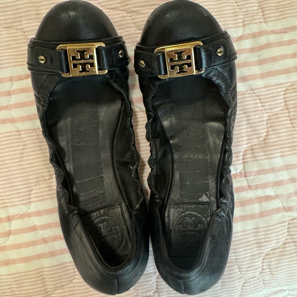 Tory Burch Black Flats with Gold Hardware